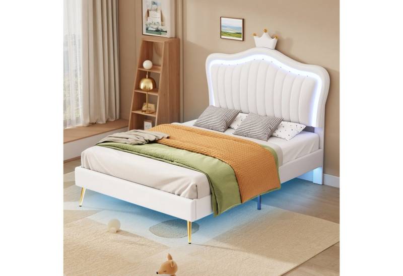 MODFU Polsterbett Kinderbett mit LED-Lichtern (mit Krone & Muschel-Design, Lattenrost & Verstellbare Rückenlehne, 90x200 cm), Inklusive Matratze von MODFU