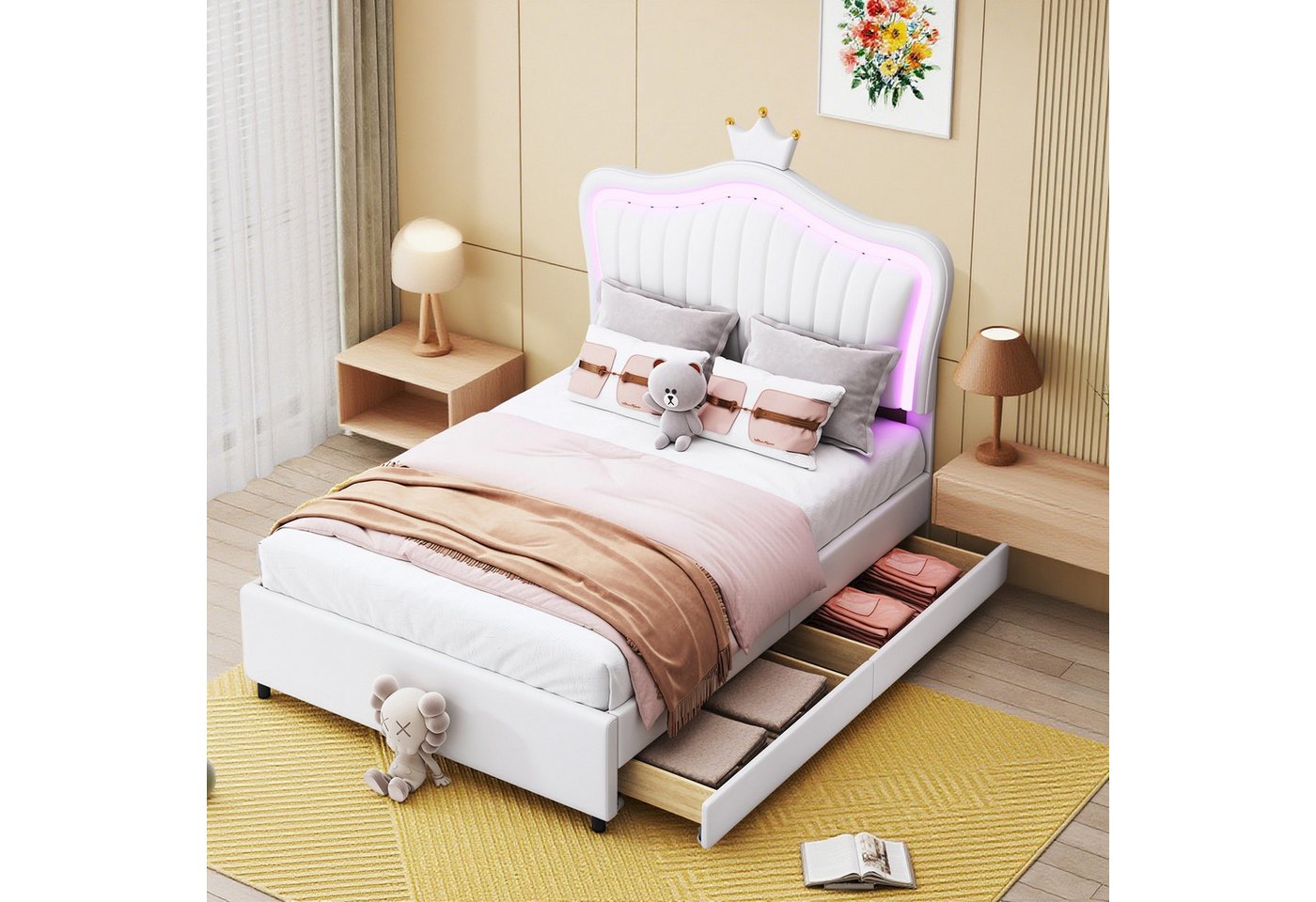 MODFU Polsterbett Kinderbett mit LED-Lichtern (mit Krone und Muschel-Design, Stauraum-Schubladen, 90x200 cm), Inklusive Matratze von MODFU
