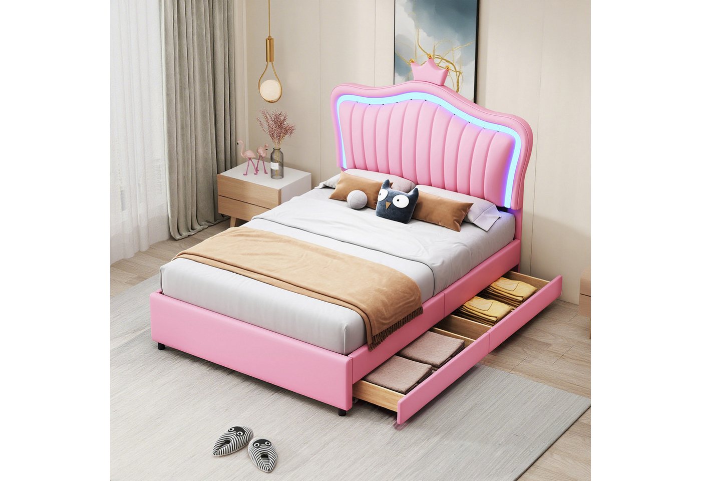 MODFU Polsterbett Kinderbett mit LED-Lichtern (mit Krone und Muschel-Design, Stauraum-Schubladen, 90x200 cm), Ohne Matratze von MODFU