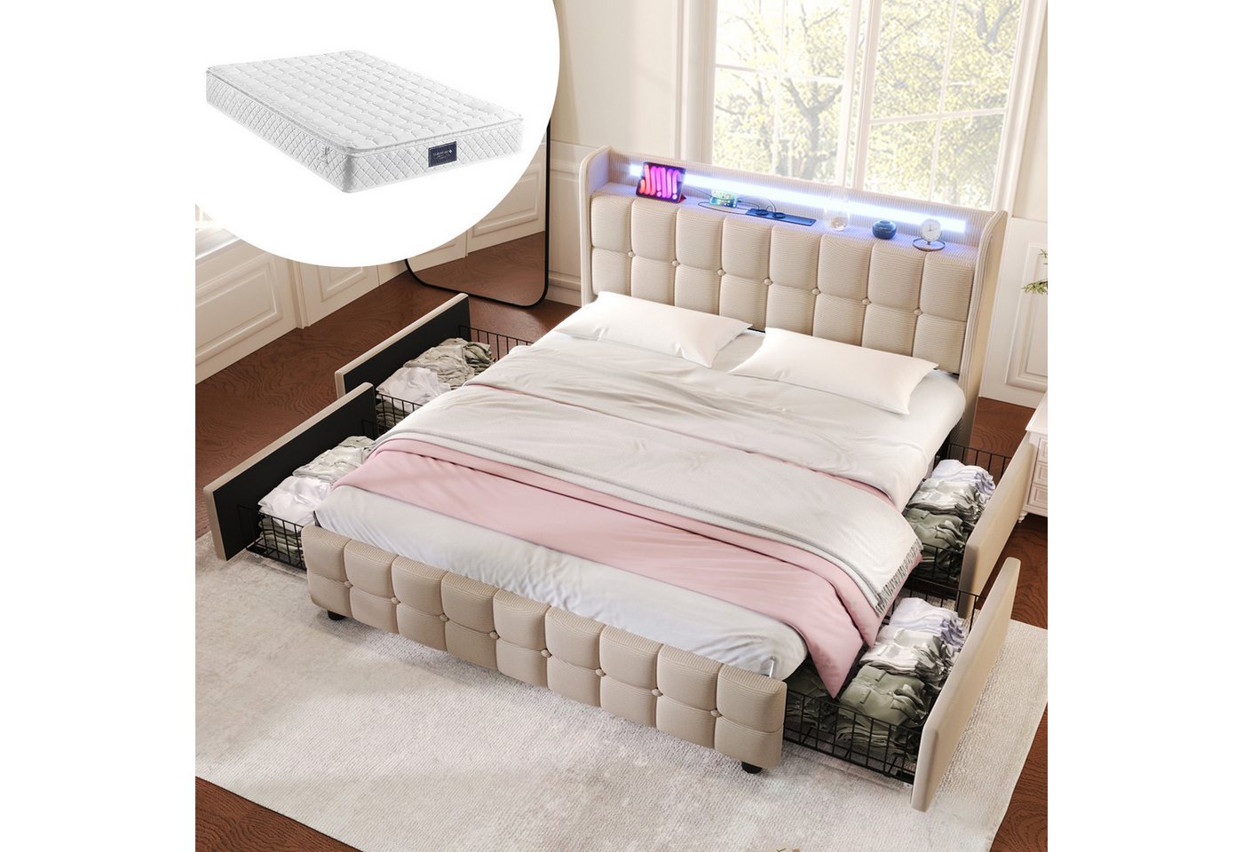 MODFU Polsterbett LED-Bett (mit aufladen USB Ladefunktion LED-Beleuchtung und 4 Schubladen, 160 x 200 cm Inklusive Matratze) von MODFU