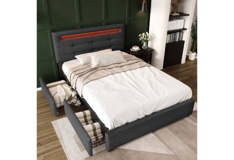 MODFU Polsterbett LED-Bett mit Schubladen Stauraum (Bettgestell mit LED-Beleuchtung und 2 Schubladen, 2-tlg., 90x200cm Mit Matratze), mit verstellbarem Kopfteil einfache Montage pflegeleicht von MODFU