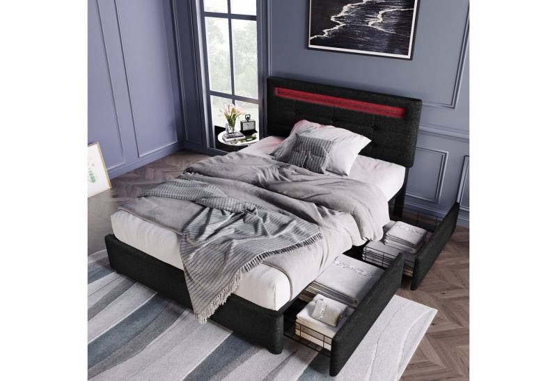 MODFU Polsterbett LED-Bett mit Schubladen Stauraum (Bettgestell mit LED-Beleuchtung und 2 Schubladen, 2-tlg., 90x200cm Mit Matratze), mit verstellbarem Kopfteil einfache Montage pflegeleicht von MODFU