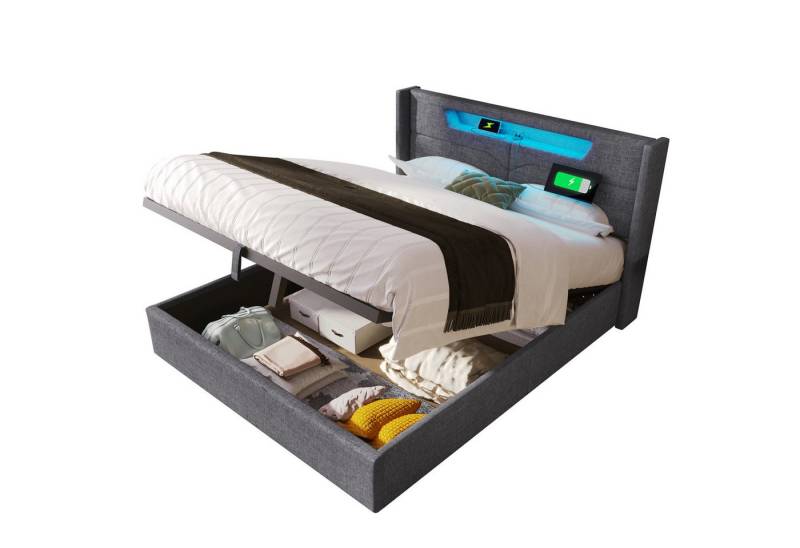 MODFU Polsterbett LED Doppelbett mit USB Typ C Ladefunktion (Stauraumbetten Betgetell aus Leinenmaterial Jugendbett), 140 x 200 cm,ohne-Matratze von MODFU