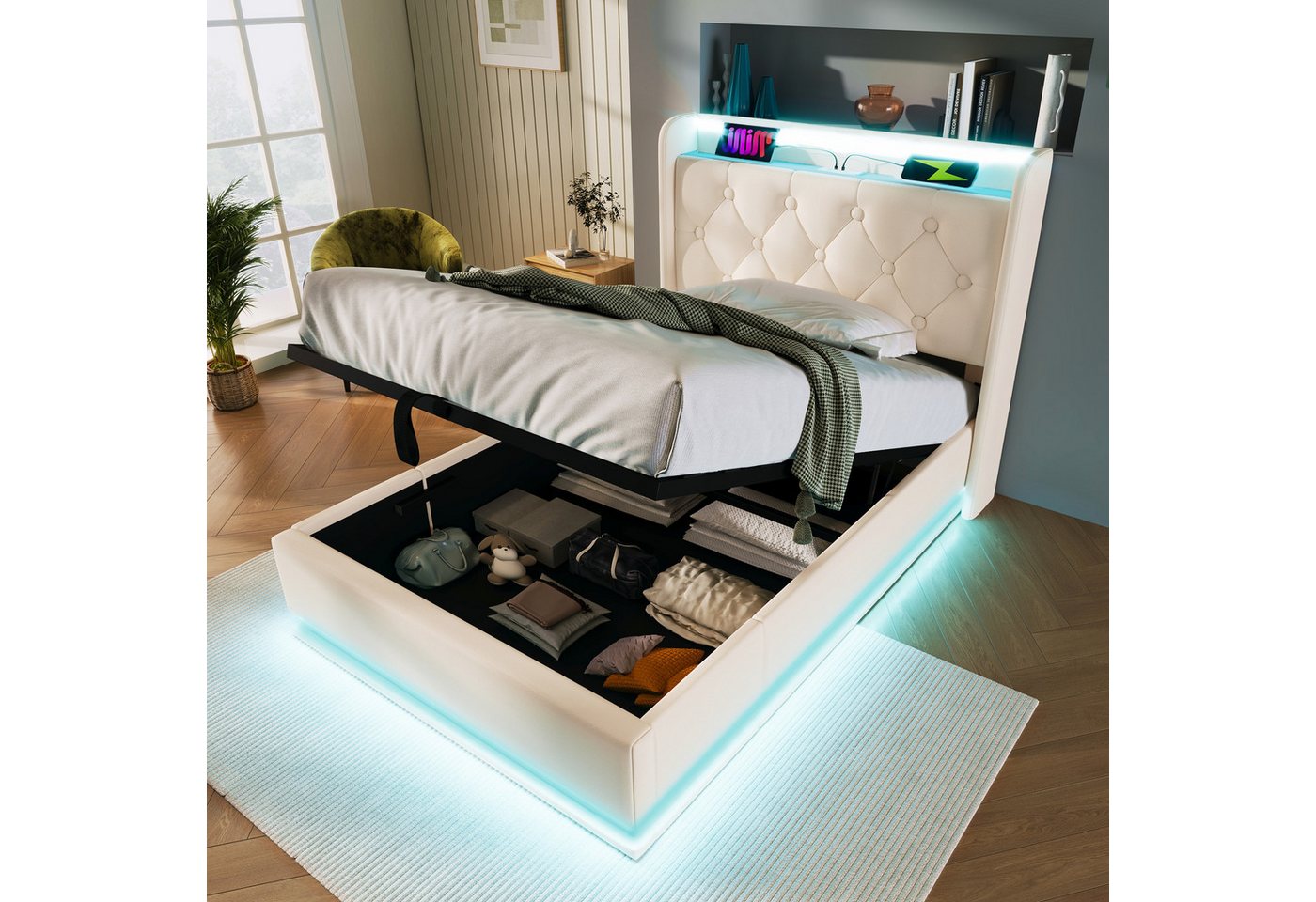 MODFU Polsterbett LED Schlafzimmerbett mit Stauraum hydraulischem Bettkasten (Hydraulisches Bett, Stauraumbett, Funktionsbett, 1-tlg., mit USB Typ-C Ladefunktion, 140*200cm, ohne Matratze), aus Eisen von MODFU