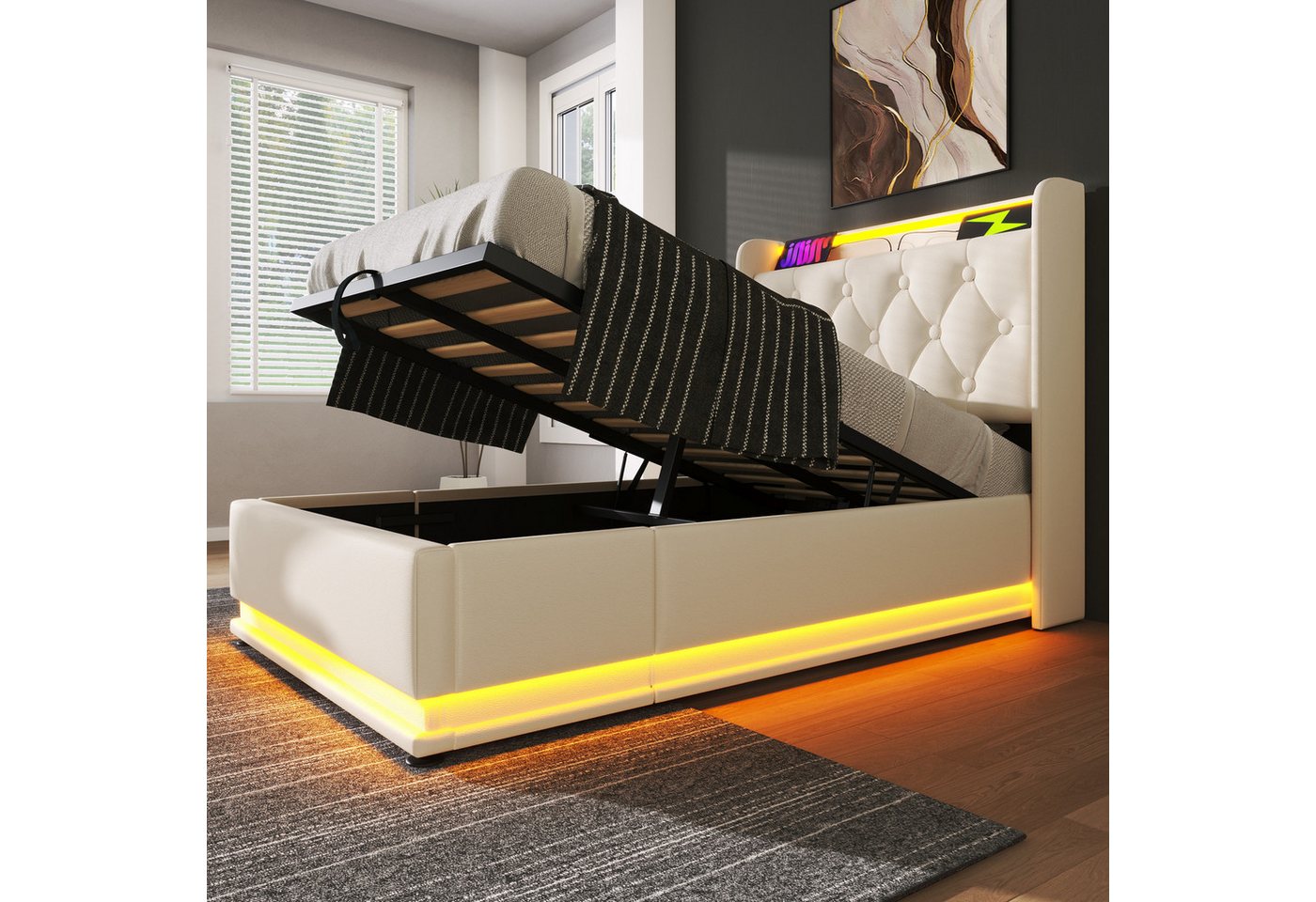 MODFU Polsterbett LED Schlafzimmerbett mit Stauraum hydraulischem Bettkasten (Hydraulisches Bett, Stauraumbett, Funktionsbett, 2-tlg., mit USB Typ-C Ladefunktion, 90*200cm, mit Matratze), aus Eisen von MODFU