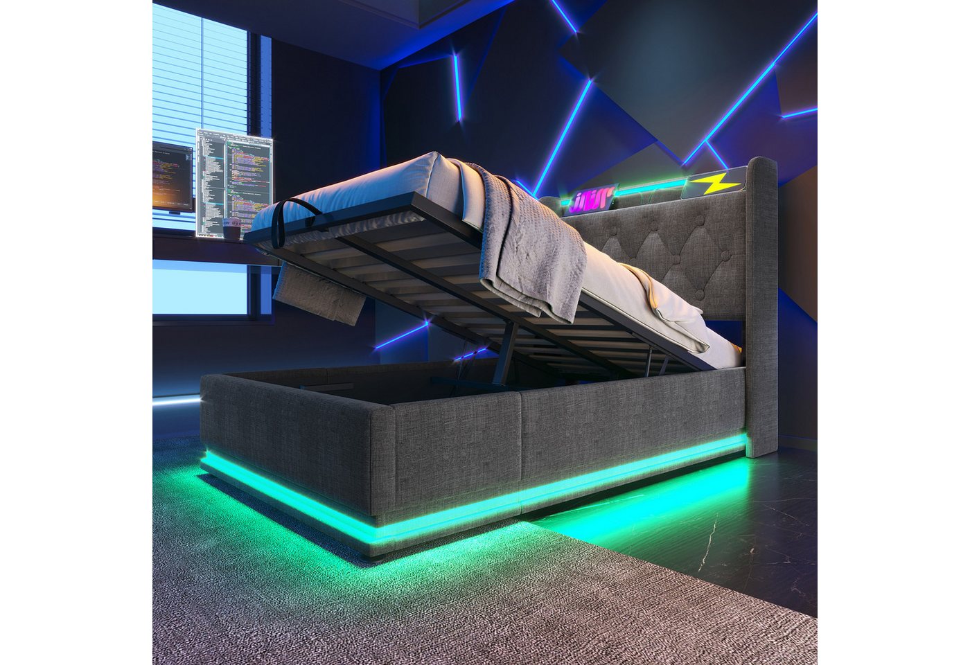 MODFU Polsterbett LED Schlafzimmerbett mit Stauraum hydraulischem Bettkasten (Hydraulisches Bett, Stauraumbett, Funktionsbett, 2-tlg., mit USB Typ-C Ladefunktion, 90*200cm, mit Matratze), aus Eisen von MODFU