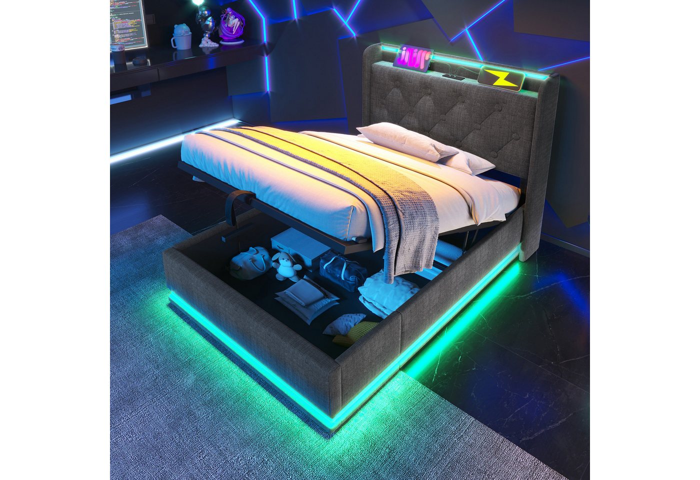 MODFU Polsterbett LED Schlafzimmerbett mit Stauraum hydraulischem Bettkasten (Hydraulisches Bett, Stauraumbett, Funktionsbett, 2-tlg., mit USB Typ-C Ladefunktion, 90*200cm, mit Matratze), aus Eisen von MODFU