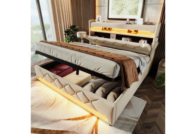 MODFU Polsterbett Modernes Stoffbett mit LED-Beleuchtung (Struraumbett, Funktionsbett, 140*200, Mit Matratze (H25cm), mit USB-C Ladestation und hydraulischem Hubsystem von MODFU