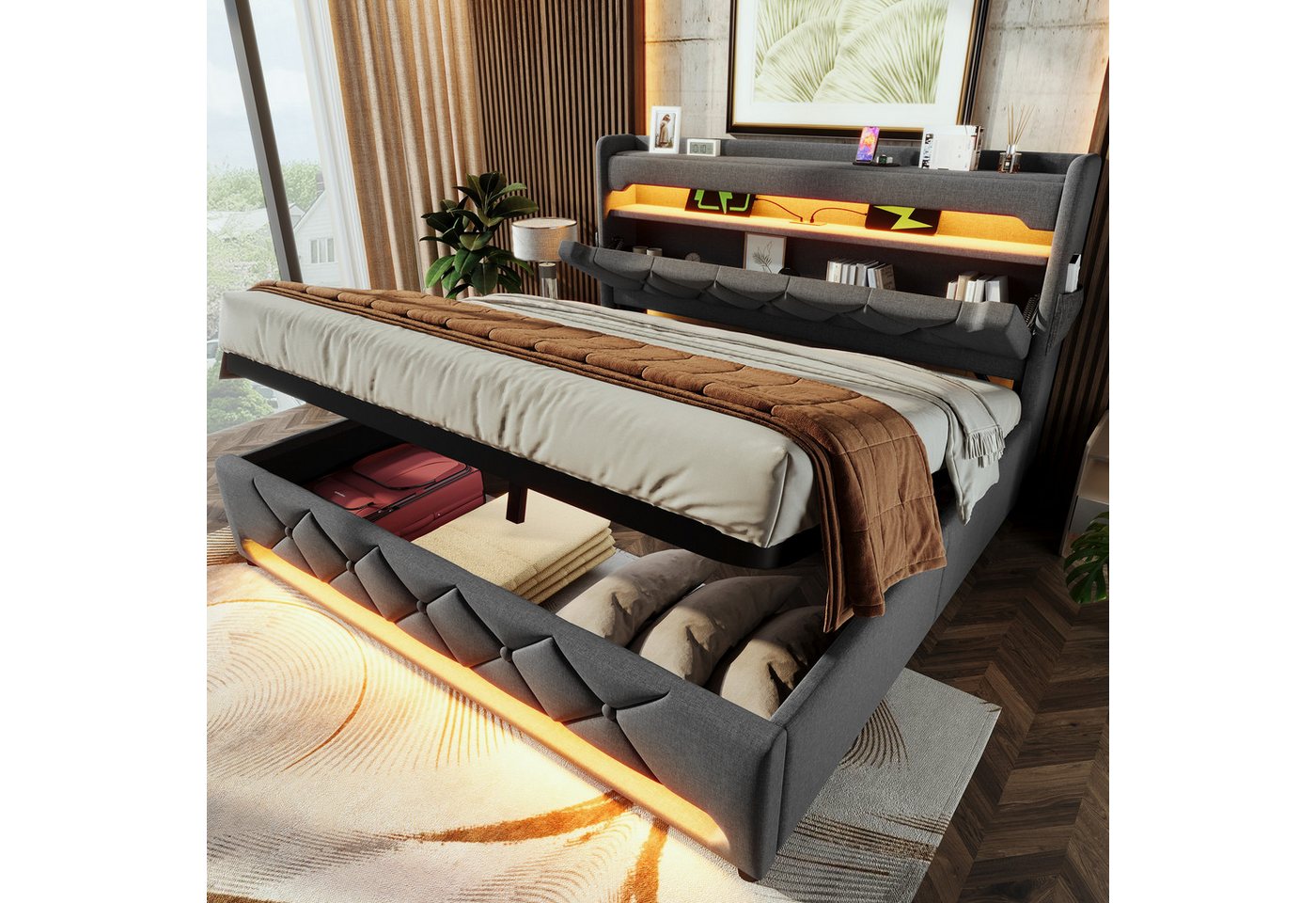 MODFU Polsterbett Modernes Stoffbett mit LED-Beleuchtung (Struraumbett, Funktionsbett, 140*200, Ohne Matratze), mit USB-C Ladestation und hydraulischem Hubsystem von MODFU