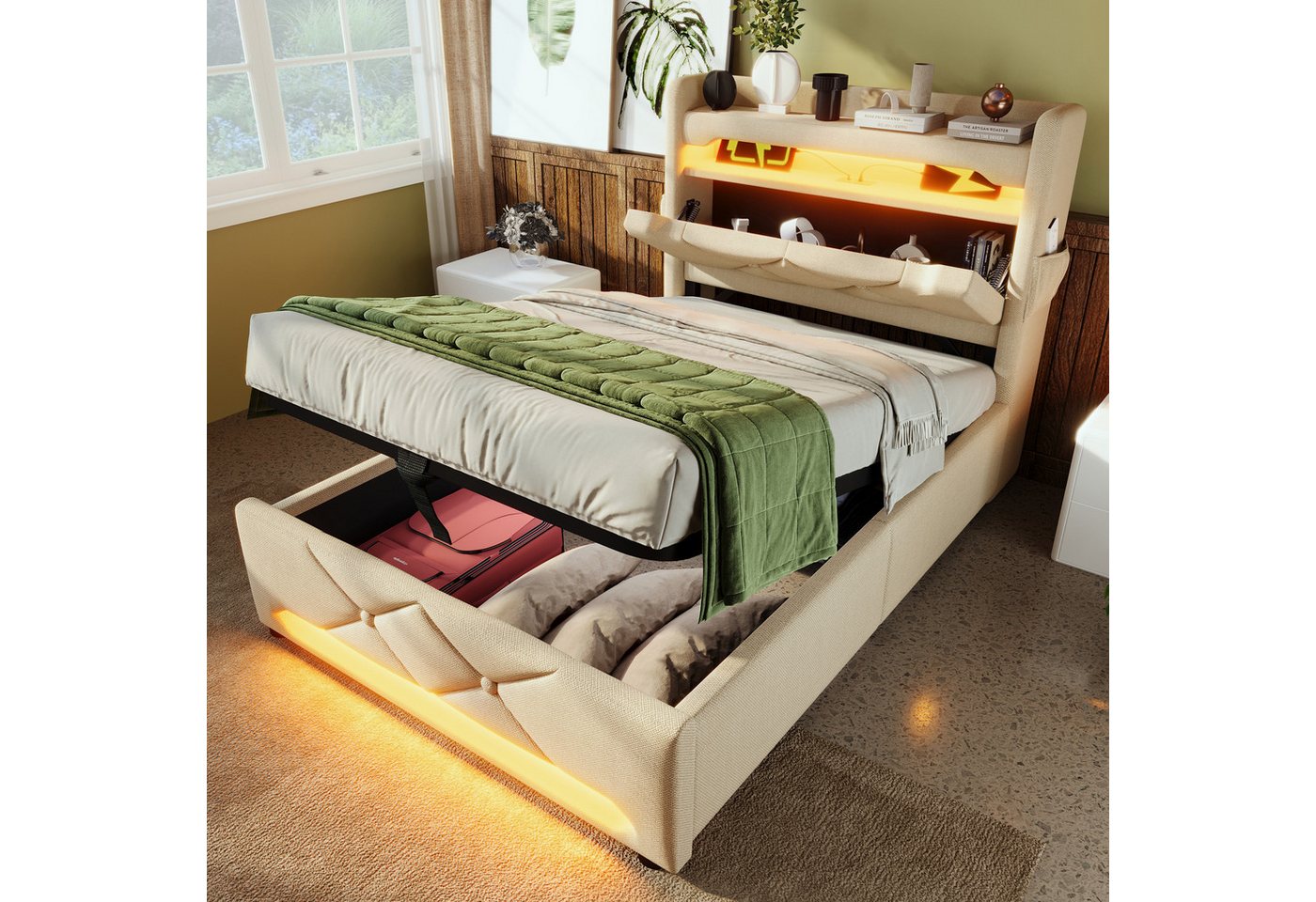 MODFU Polsterbett Modernes Stoffbett mit LED-Beleuchtung (Struraumbett, Funktionsbett, 90*200, Mit Matratze (H25cm), mit USB-C Ladestation und hydraulischem Hubsystem von MODFU