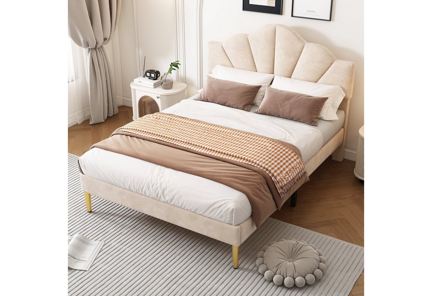 MODFU Polsterbett Muschelartiges Bett (140 X 200 CM Ohne Matratze), Höhenverstellbares Kopfteil,Bett mit goldenen Eisenbeinen von MODFU