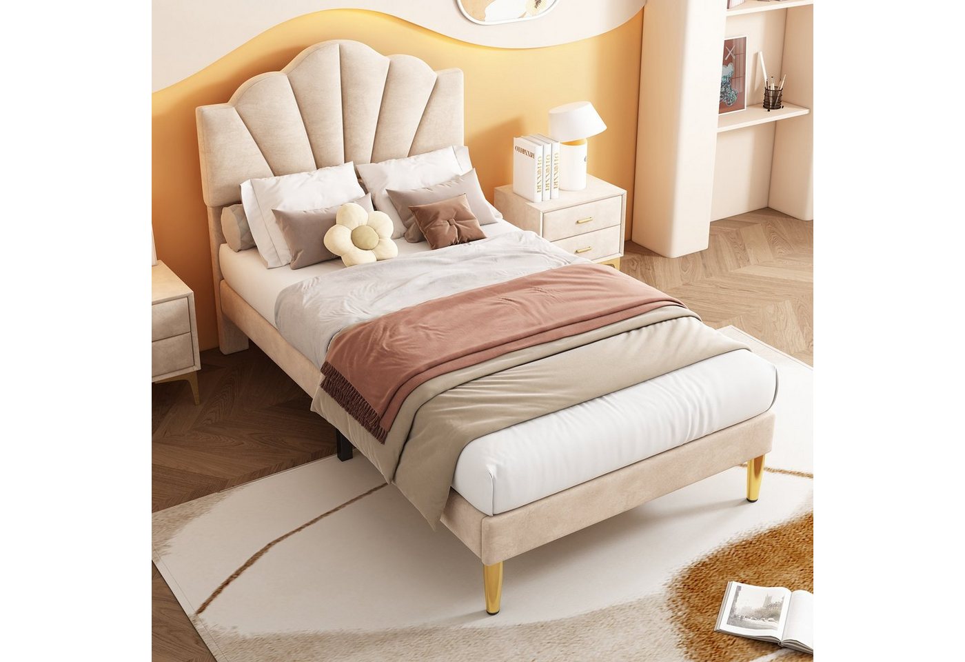 MODFU Polsterbett Muschelartiges Bett (90 X 200 CM Ohne Matratze), Höhenverstellbares Kopfteil, Bett mit goldenen Eisenbeinen von MODFU