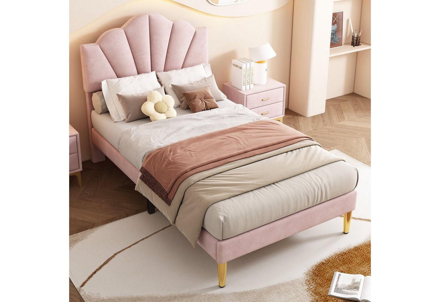 MODFU Polsterbett Muschelartiges Bett (90 X 200 CM Ohne Matratze), Höhenverstellbares Kopfteil,Bett mit goldenen Eisenbeinen von MODFU