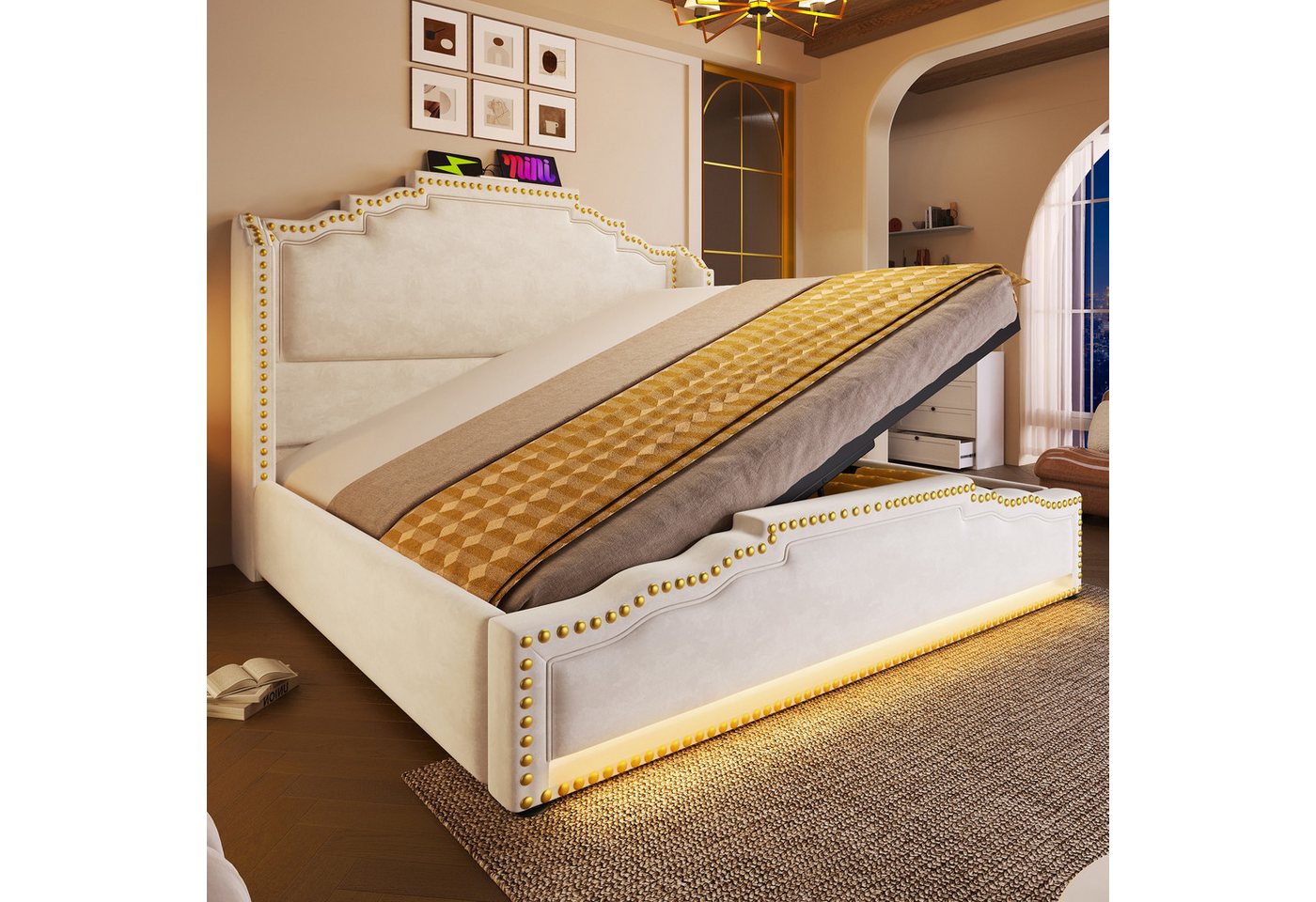 MODFU Polsterbett RGB LED Stauraumbett (Stauraumbett, Jugendbett, Funktionsbett, 1-tlg., 140×200cm, ohne Matratze), mit LED-Beleuchtung und USB-C-Ladeanschluss von MODFU