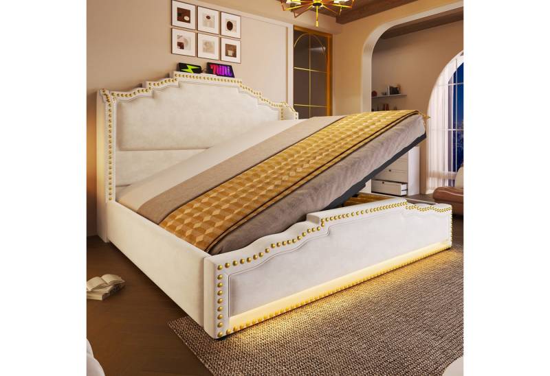 MODFU Polsterbett RGB LED Stauraumbett (Stauraumbett, Jugendbett, Funktionsbett, 1-tlg., 140×200cm, ohne Matratze), mit LED-Beleuchtung und USB-C-Ladeanschluss von MODFU