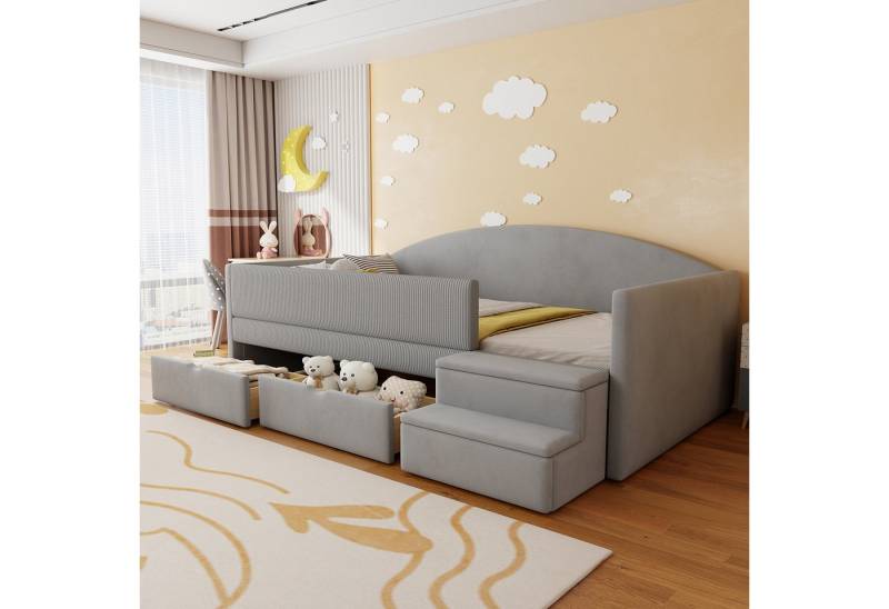 MODFU Polsterbett Samt,Schlafsofa (mit Stufen & Schubladen, gepolstertes Kinderbett, Jugendbett 90x190 cm), ohne Matratze von MODFU