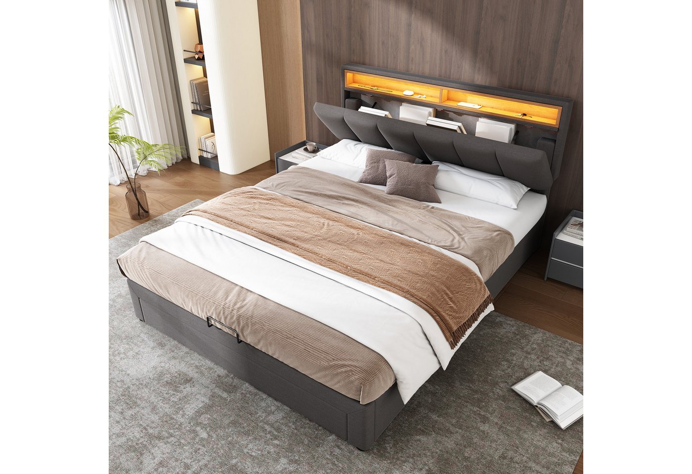 MODFU Polsterbett Schlafzimmerbett mit LED Beleuchtung (Doppelbett aus Stahlrahmen, Struraumbett, Funktionsbett, 1-tlg., 140*200cm,ohne Matratze), mit LED-Beleuchtung von MODFU