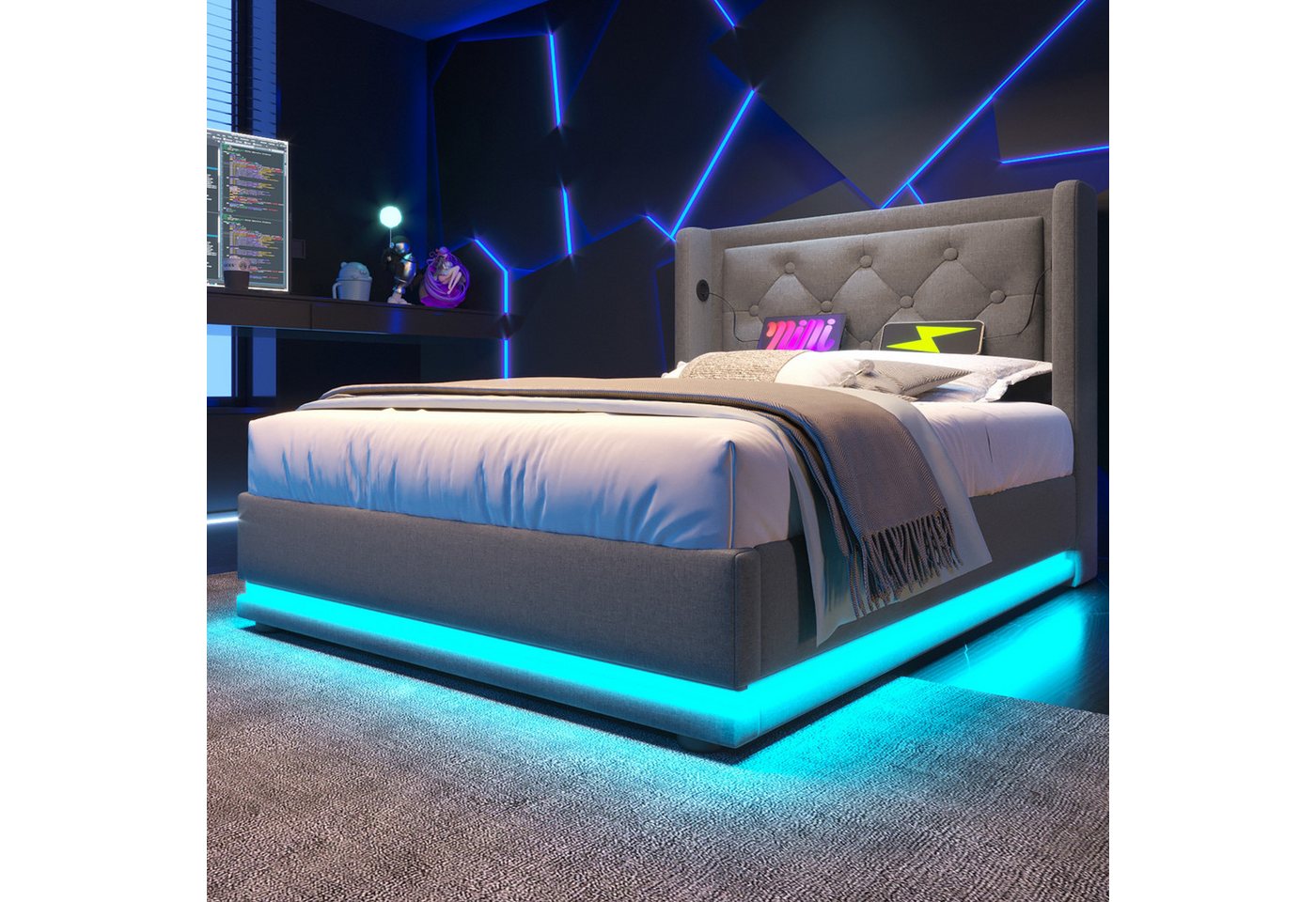 MODFU Polsterbett Schlafzimmerbett mit Stauraum Ladefunktion (Stahlrahmen mit Hydraulisch anhebbarer Bettstauraum Holz-Lattenrost, 2-tlg., Baumwolle Einzelbett mit USB Typ-C Anschluss 90x200 cm mit Matratze), 3-seitige Farbwechsel LED Lichtleiste weich Kopfteil Schaum-Polsterung MODFU Polsterbett Schlafzimmerbett mit Stauraum Ladefunktion (Stahlrahmen mit Hydraulisch anhebbarer Bettstauraum Holz-Lattenrost, 2-tlg., Baumwolle Einzelbett mit USB Typ-C Anschluss 90x200 cm mit Matratze), 3-seitige Farbwechsel LED Lichtleiste weich Kopfteil Schaum-Polsterung von MODFU