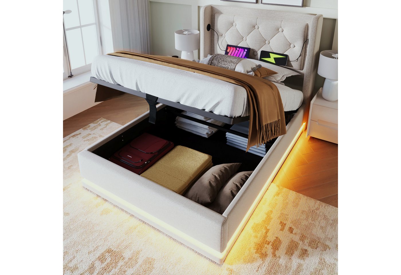 MODFU Polsterbett Schlafzimmerbett mit Stauraum Ladefunktion (Stahlrahmen mit Hydraulisch anhebbarer Bettstauraum Holz-Lattenrost, 2-tlg., Baumwolle Einzelbett mit USB Typ-C Anschluss 90x200 cm mit Matratze), 3-seitige Farbwechsel LED Lichtleiste weich Kopfteil Schaum-Polsterung MODFU Polsterbett Schlafzimmerbett mit Stauraum Ladefunktion (Stahlrahmen mit Hydraulisch anhebbarer Bettstauraum Holz-Lattenrost, 2-tlg., Baumwolle Einzelbett mit USB Typ-C Anschluss 90x200 cm mit Matratze), 3-seitige Farbwechsel LED Lichtleiste weich Kopfteil Schaum-Polsterung von MODFU