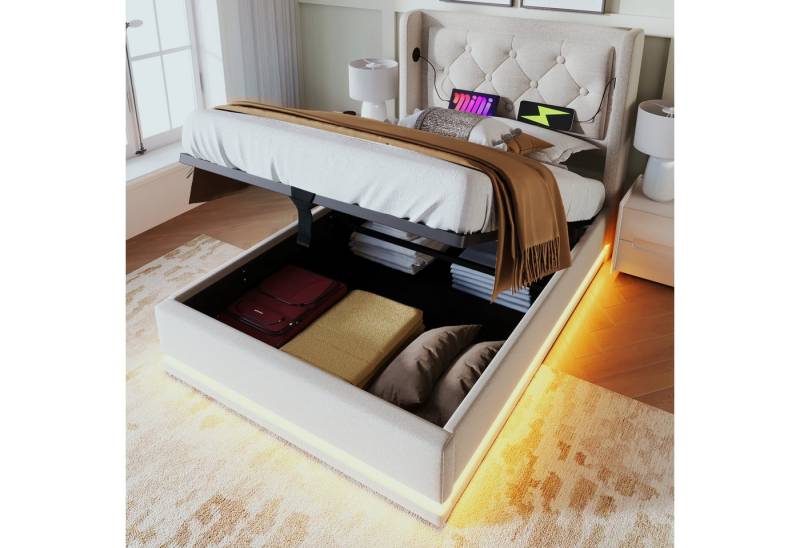 MODFU Polsterbett Schlafzimmerbett mit Stauraum Ladefunktion (Stahlrahmen mit Hydraulisch anhebbarer Bettstauraum Holz-Lattenrost, 2-tlg., Baumwolle Einzelbett mit USB Typ-C Anschluss 90x200 cm mit Matratze), 3-seitige Farbwechsel LED Lichtleiste weich Kopfteil Schaum-Polsterung von MODFU