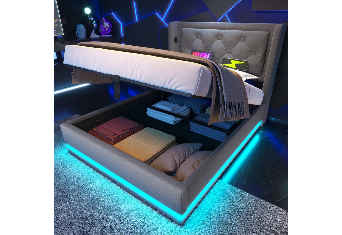 MODFU Polsterbett Schlafzimmerbett mit Stauraum Ladefunktion (Stahlrahmen mit Hydraulisch anhebbarer Bettstauraum Holz-Lattenrost, 2-tlg., Baumwolle Einzelbett mit USB Typ-C Anschluss 90x200 cm mit Matratze), 3-seitige Farbwechsel LED Lichtleiste weich Kopfteil Schaum-Polsterung MODFU Polsterbett Schlafzimmerbett mit Stauraum Ladefunktion (Stahlrahmen mit Hydraulisch anhebbarer Bettstauraum Holz-Lattenrost, 2-tlg., Baumwolle Einzelbett mit USB Typ-C Anschluss 90x200 cm mit Matratze), 3-seitige Farbwechsel LED Lichtleiste weich Kopfteil Schaum-Polsterung von MODFU