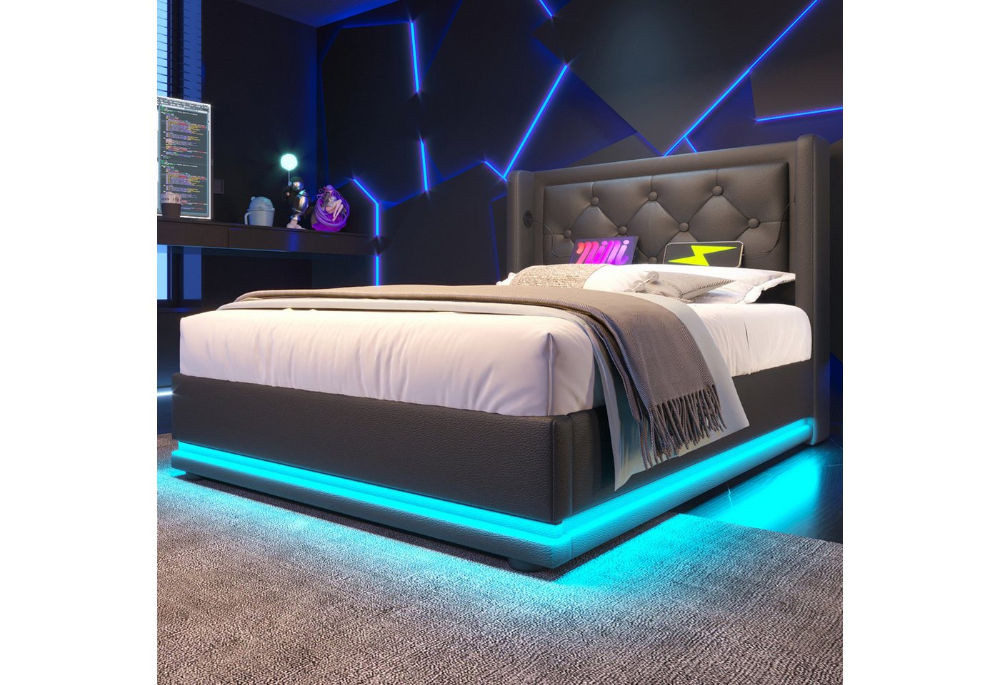 MODFU Polsterbett Schlafzimmerbett mit Stauraum Ladefunktion (Stahlrahmen mit Hydraulisch anhebbarer Bettstauraum Holz-Lattenrost, 2-tlg., Kunstleder Einzelbett mit USB Typ-C Anschluss 90x200 cm mit Matratze), 3-seitige Farbwechsel LED Lichtleiste weich Kopfteil Schaum-Polsterung MODFU Polsterbett Schlafzimmerbett mit Stauraum Ladefunktion (Stahlrahmen mit Hydraulisch anhebbarer Bettstauraum Holz-Lattenrost, 2-tlg., Kunstleder Einzelbett mit USB Typ-C Anschluss 90x200 cm mit Matratze), 3-seitige Farbwechsel LED Lichtleiste weich Kopfteil Schaum-Polsterung von MODFU