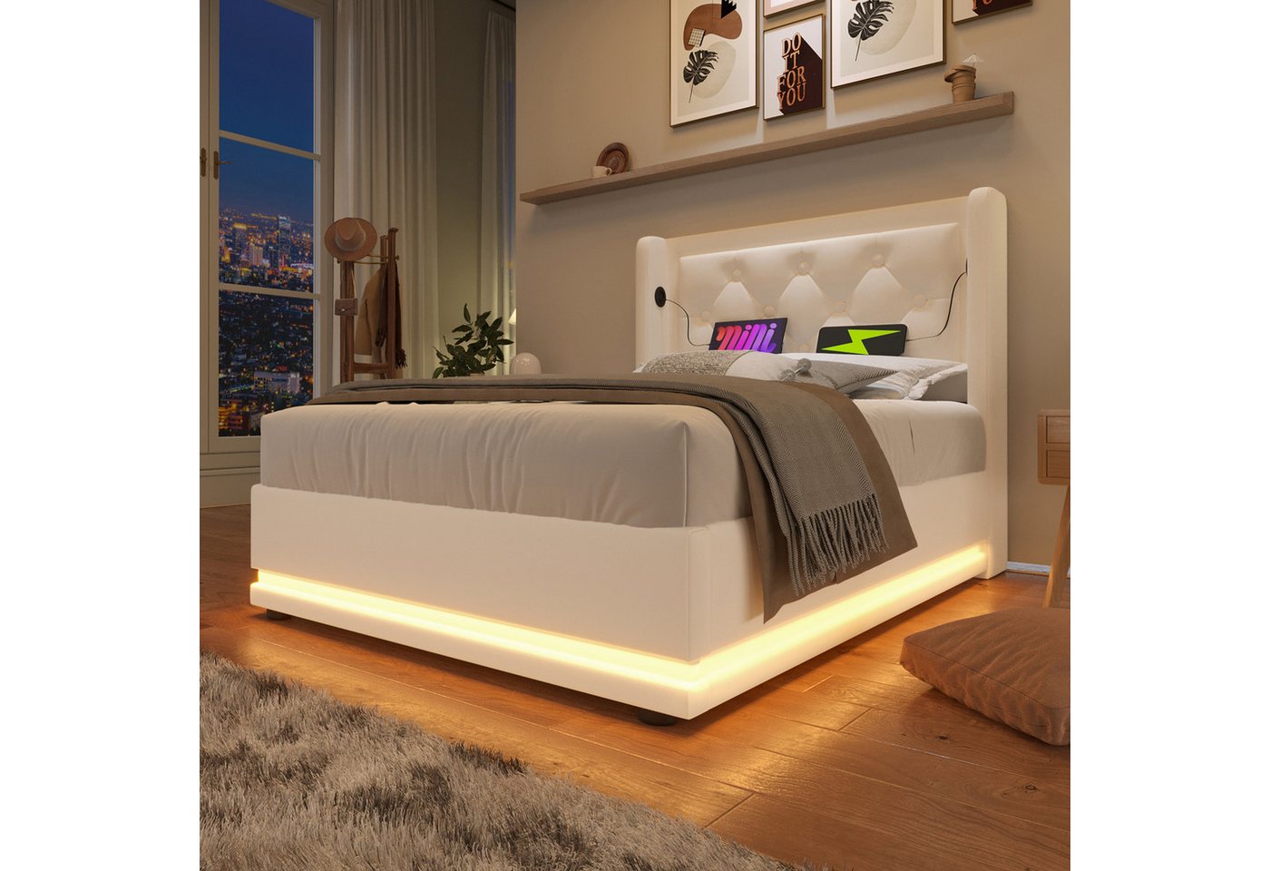 MODFU Polsterbett Schlafzimmerbett mit Stauraum Ladefunktion (Stahlrahmen mit Hydraulisch anhebbarer Bettstauraum Holz-Lattenrost, 2-tlg., Kunstleder Einzelbett mit USB Typ-C Anschluss 90x200 cm mit Matratze), 3-seitige Farbwechsel LED Lichtleiste weich Kopfteil Schaum-Polsterung MODFU Polsterbett Schlafzimmerbett mit Stauraum Ladefunktion (Stahlrahmen mit Hydraulisch anhebbarer Bettstauraum Holz-Lattenrost, 2-tlg., Kunstleder Einzelbett mit USB Typ-C Anschluss 90x200 cm mit Matratze), 3-seitige Farbwechsel LED Lichtleiste weich Kopfteil Schaum-Polsterung von MODFU