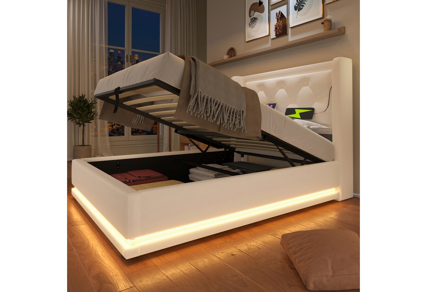 MODFU Polsterbett Schlafzimmerbett mit Stauraum Ladefunktion (Stahlrahmen mit Hydraulisch anhebbarer Bettstauraum Holz-Lattenrost, 2-tlg., Kunstleder Einzelbett mit USB Typ-C Anschluss 90x200 cm mit Matratze), 3-seitige Farbwechsel LED Lichtleiste weich Kopfteil Schaum-Polsterung MODFU Polsterbett Schlafzimmerbett mit Stauraum Ladefunktion (Stahlrahmen mit Hydraulisch anhebbarer Bettstauraum Holz-Lattenrost, 2-tlg., Kunstleder Einzelbett mit USB Typ-C Anschluss 90x200 cm mit Matratze), 3-seitige Farbwechsel LED Lichtleiste weich Kopfteil Schaum-Polsterung von MODFU