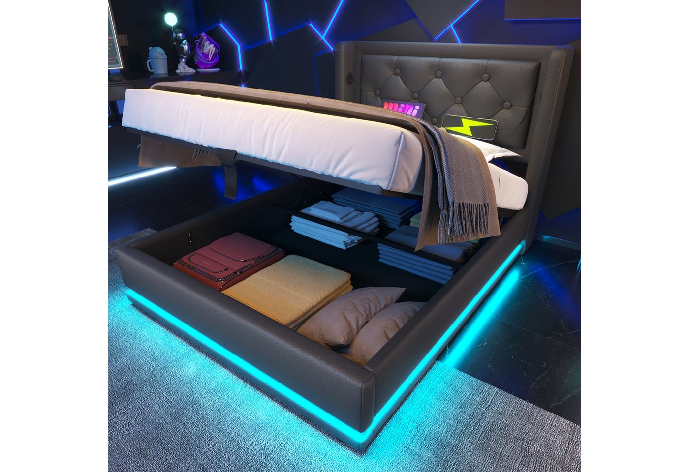 MODFU Polsterbett Schlafzimmerbett mit Stauraum Ladefunktion (Stahlrahmen mit Hydraulisch anhebbarer Bettstauraum Holz-Lattenrost, 2-tlg., Kunstleder Einzelbett mit USB Typ-C Anschluss 90x200 cm mit Matratze), 3-seitige Farbwechsel LED Lichtleiste weich Kopfteil Schaum-Polsterung MODFU Polsterbett Schlafzimmerbett mit Stauraum Ladefunktion (Stahlrahmen mit Hydraulisch anhebbarer Bettstauraum Holz-Lattenrost, 2-tlg., Kunstleder Einzelbett mit USB Typ-C Anschluss 90x200 cm mit Matratze), 3-seitige Farbwechsel LED Lichtleiste weich Kopfteil Schaum-Polsterung von MODFU