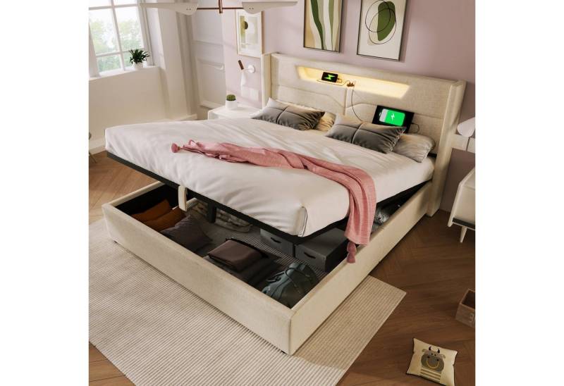 MODFU Polsterbett Schlafzimmerbett mit hydraulischem Bettkasten, 140 x 200 cm,Inklusive Matratze von MODFU