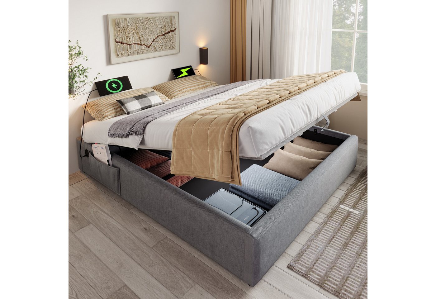 MODFU Polsterbett Stauraumbett (Funktionsbett, Struraumbett Hydraulisch mit Bettkasten, 1-tlg., 160x200 cm, ohne Matratze), mit USB- C, Seitentasche und Vollflächiger Lattenrost von MODFU