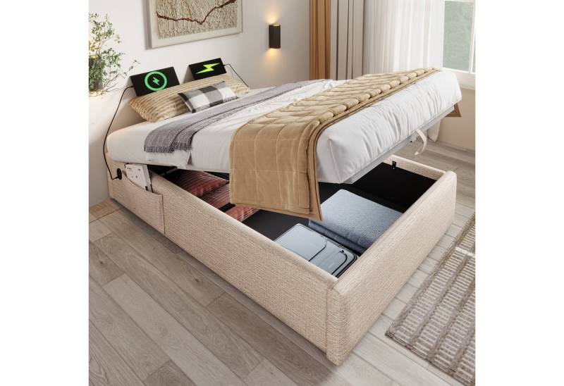 MODFU Polsterbett Stauraumbett (Funktionsbett, Struraumbett Hydraulisch mit Bettkasten, 1-tlg., 90x200 cm, ohne Matratze), mit USB- C, Seitentasche und Vollflächiger Lattenrost von MODFU