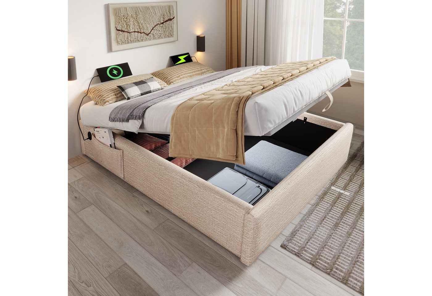 MODFU Polsterbett Stauraumbett (Funktionsbett, Struraumbett Hydraulisch mit Bettkasten, 2-tlg., 140x200 cm, mit Matratze), mit USB- C, Seitentasche und Vollflächiger Lattenrost von MODFU