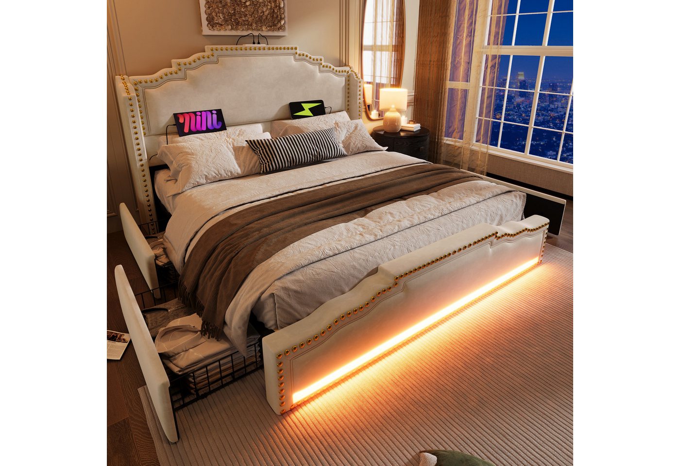 MODFU Polsterbett Stauraumbett Jugendbett (Stauraumbett,Jugendbett, Doppelbett, Funktionsbett, 2-tlg., 160×200cm, mit Matratze), mit LED-Beleuchtung und USB-C-Ladeanschluss, 4 Schubladen von MODFU