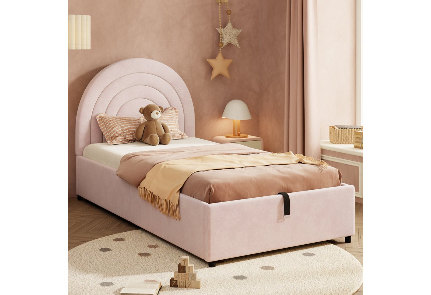 MODFU Polsterbett Stauraumbett Kinderbett mit gepolstertem Kopfteil (Einzelbett, Jugendbett, 2-tlg., 90*200 cm, mit Matratze (Taschenfederkern), Samt), mit hydraulischem Stauraum und geräuschdämpfenden Füßen von MODFU