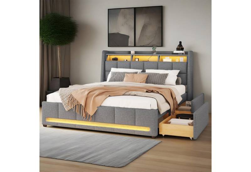 MODFU Polsterbett Stauraumbett mit LED-Ambientebeleuchtung (Doppelbett mit USB-Ladebuchsen und Stauraum, Leinen & MDF, 140x200 cm), mit Matratze von MODFU