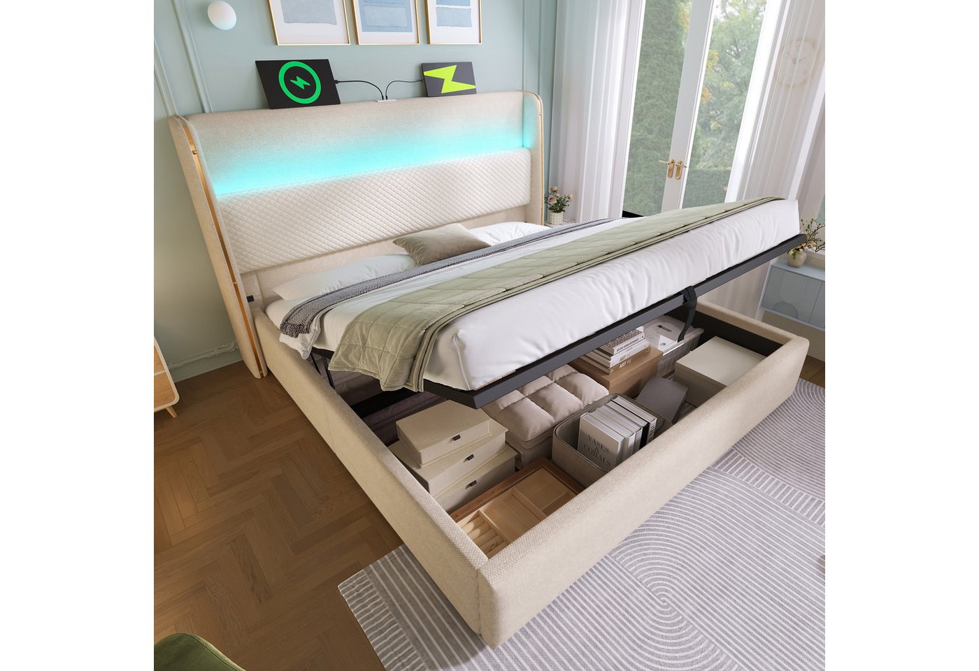 MODFU Polsterbett Struraumbett (Funktionsbett mit Bettkasten und Lattenrost, 1-tlg., 160x200cm, ohne Matratze), mit LED-Beleuchtung, USB/Type-C-Anschlüssen von MODFU