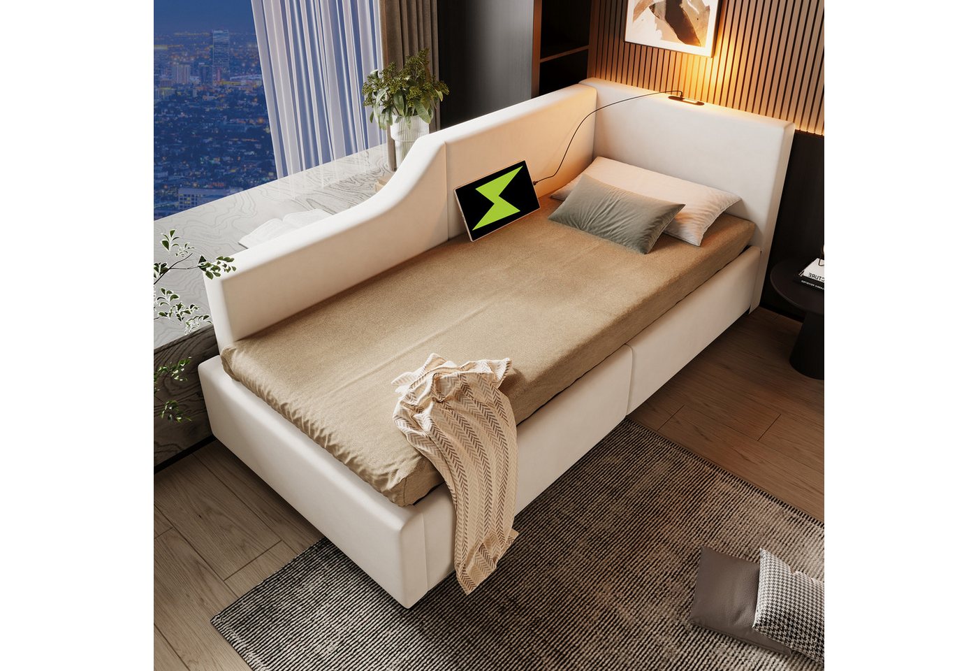 MODFU Polsterbett Tagesbett Gästebett (gepolstertes Sofa-Bett aus Samt, mit hydraulischem Stauraum, Leselichtfunktion und USB-C-Ladefunktion), 90x190cm, ohne Matratze von MODFU