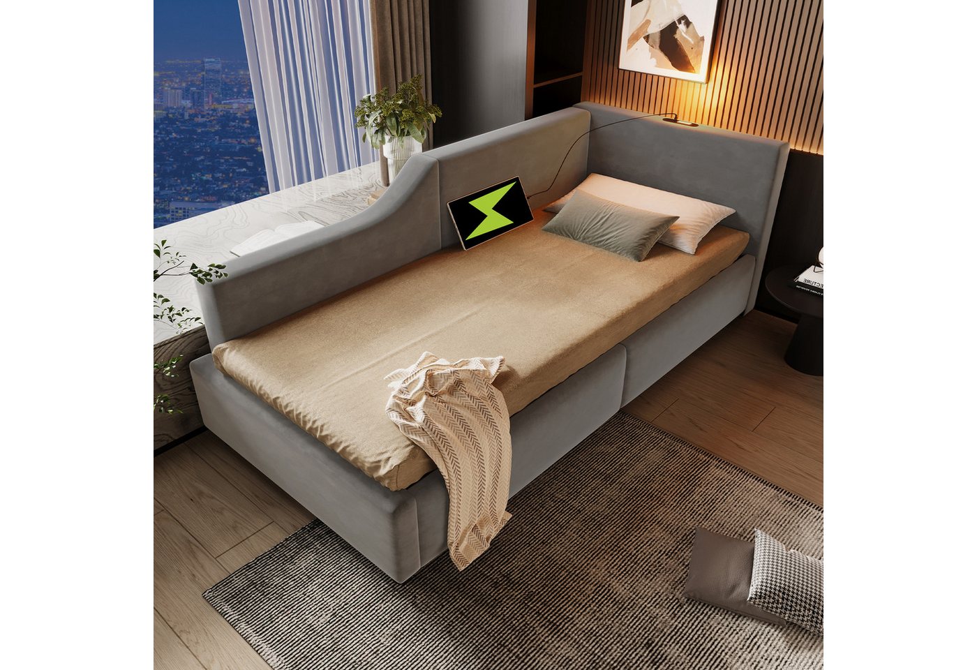 MODFU Polsterbett Tagesbett Gästebett (gepolstertes Sofa-Bett aus Samt, mit hydraulischem Stauraum, Leselichtfunktion und USB-C-Ladefunktion), 90x200cm, ohne Matratze von MODFU