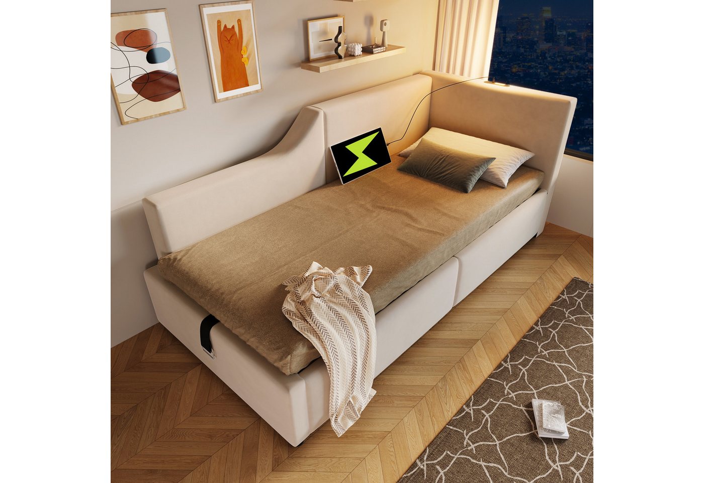 MODFU Polsterbett Tagesbett Gästebett (gepolstertes Sofa-Bett aus Samt, mit hydraulischem Stauraum, Leselichtfunktion und USB-C-Ladefunktion), 90x200cm, ohne Matratze von MODFU
