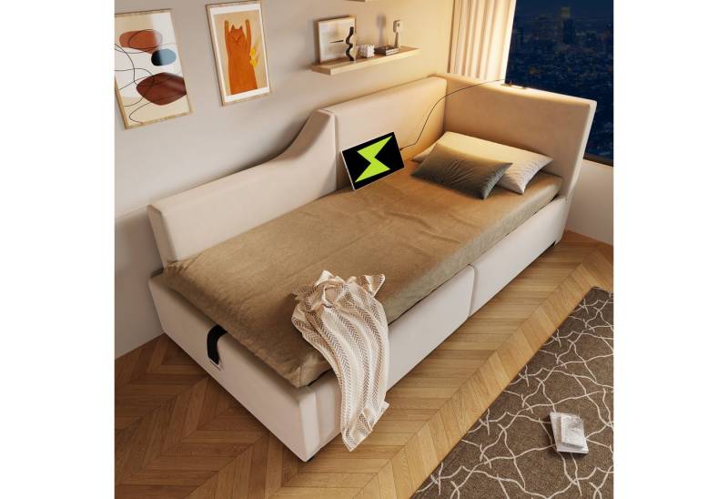 MODFU Polsterbett Tagesbett Gästebett (gepolstertes Sofa-Bett aus Samt, mit hydraulischem Stauraum, Leselichtfunktion und USB-C-Ladefunktion), 90x200cm, ohne Matratze von MODFU