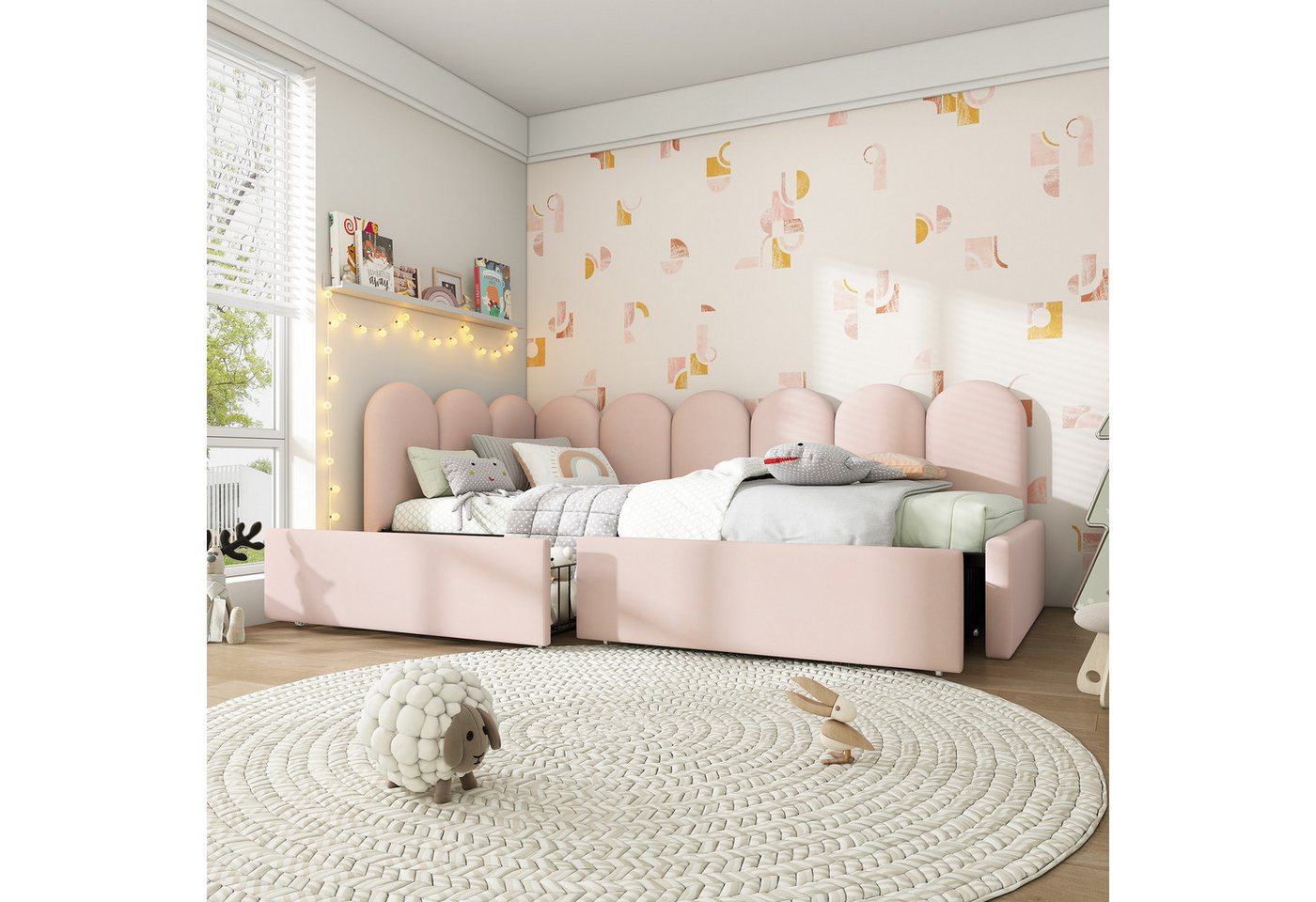 MODFU Polsterbett mit 2 Schubladen, Samtgepolstertes Sofa Bettgestell (94x208x76cm,Ohne Matratze, mit Rückenlehne,Funktionsbett L-förmig), mit austauschbaren Seitenteilen von MODFU