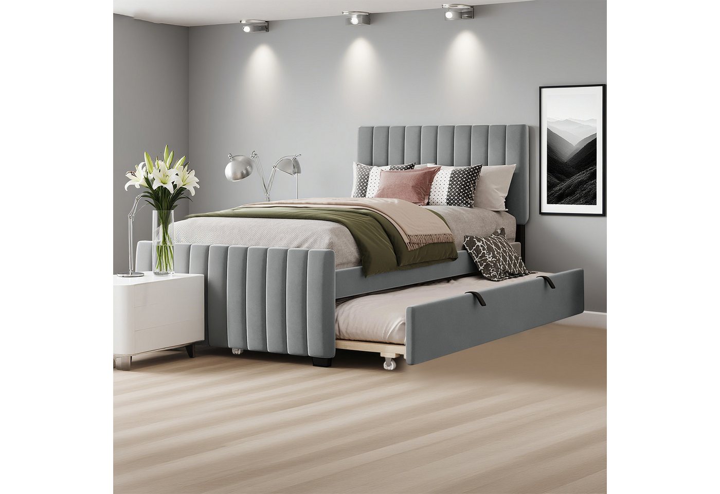 MODFU Polsterbett mit Ausziehbett (Kinderbett, flaches Samt-Doppelbett, 90x190 & 90x190 cm), ohne Matratze von MODFU