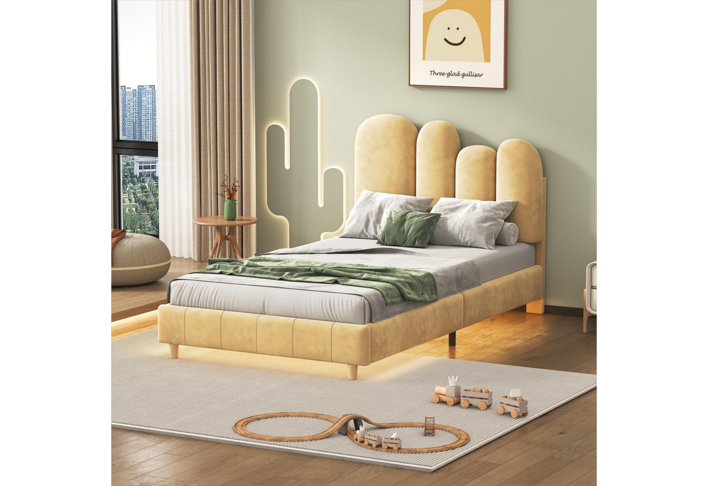 MODFU Polsterbett mit Holzlatten, Samt, mit Unterbett-LED-Lichtleiste in warmem Gelb (90x200 cm, Daumenform Kopfteil, Kinderbett), ohne Matratze von MODFU