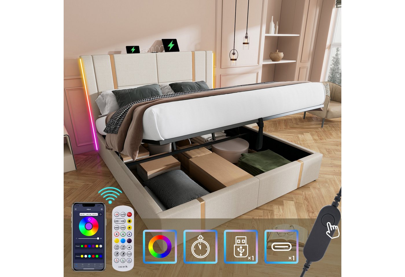 MODFU Polsterbett mit Kopfteil aus Leinen, USB- & Typ-C-Ladefunktion (146x217x105CM,Inklusive-Matratze(H25cm) , mit RGB-Beleuchtung), LED-Bettgestell von MODFU