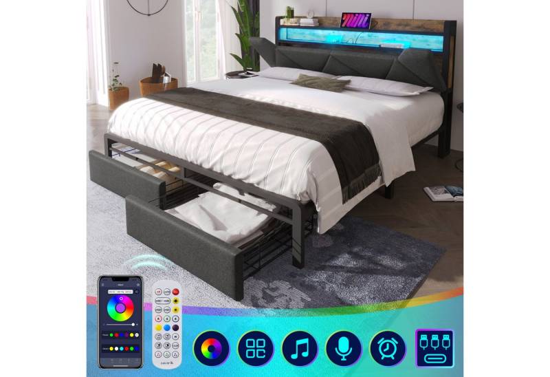 MODFU Polsterbett mit LED-Beleuchtung steuerbar per App & Fernbedienung (141x217x110cm(BxLxH),Ohne Matratze, mit Ladefunktion (3 USB + 1 Typ-C), mit 13 Latten & 2 Stahlstützbeinen von MODFU