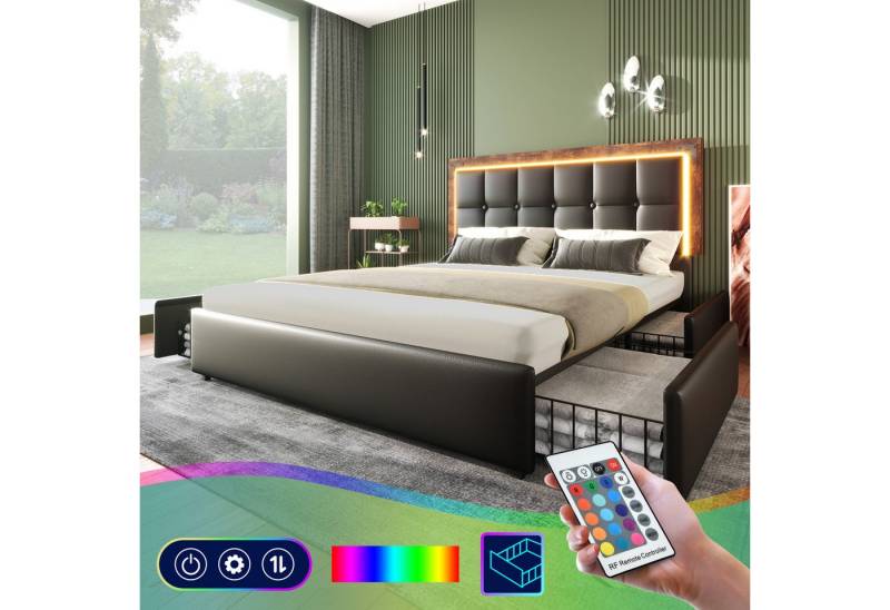 MODFU Polsterbett mit LED Beleuchtung und 4 Schubladen auf Rollen (147.5x207x92-102cm(BxLxH),Inklusive-Matratze(H25cm) , verstellbarem Kopfteil), mit Stauraum von MODFU