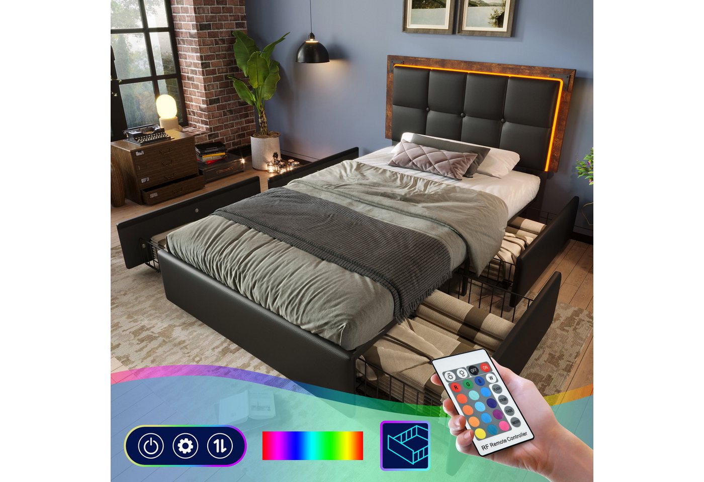 MODFU Polsterbett mit LED Beleuchtung und 4 Schubladen auf Rollen (97.5x207x92-102cm(BxLxH),Inklusive-Matratze(H25cm) , verstellbarem Kopfteil), mit Stauraum von MODFU