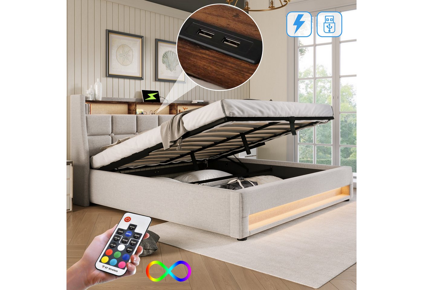 MODFU Polsterbett mit LED Beleuchtung & USB Ladeanschluss, Gasdruckfeder (185x210x117cm,Ohne Matratze, Kopfteil gepolstert), Vintage Design von MODFU