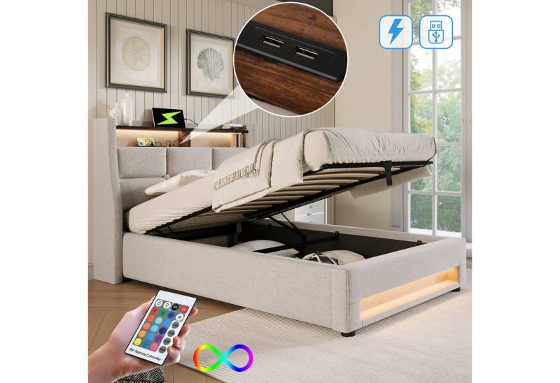MODFU Polsterbett mit LED Beleuchtung & USB Ladeanschluss, Gasdruckfeder (95x210x117cm,Ohne Matratze, Kopfteil gepolstert), Vintage Design von MODFU